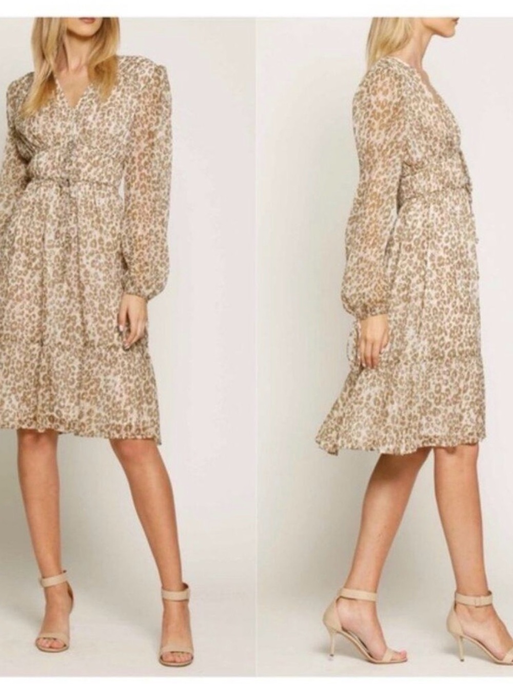 Leopard Print Long Sleeve Midi Dress - Neutral